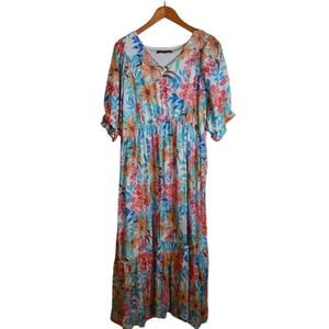 Calessa 1X Floral Maxi Dress Blue Coral Tiered Boho Cottagecore Lined Plus Size